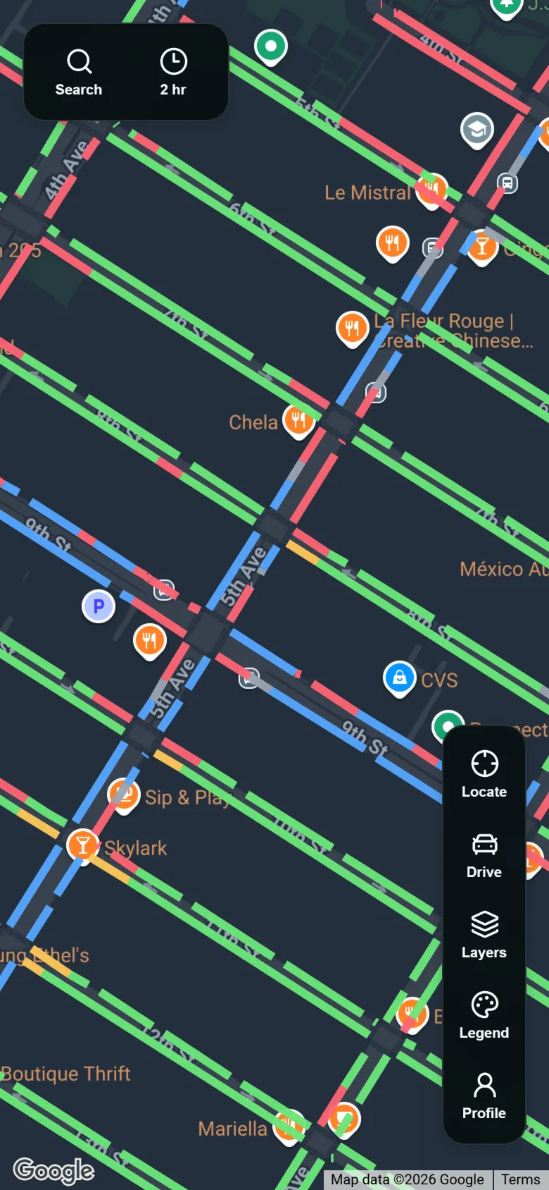 The ParkFluent map around 5th Avenue and 9th Street, Park Slope, on a weekday morning: curbs in green, blue, yellow and red