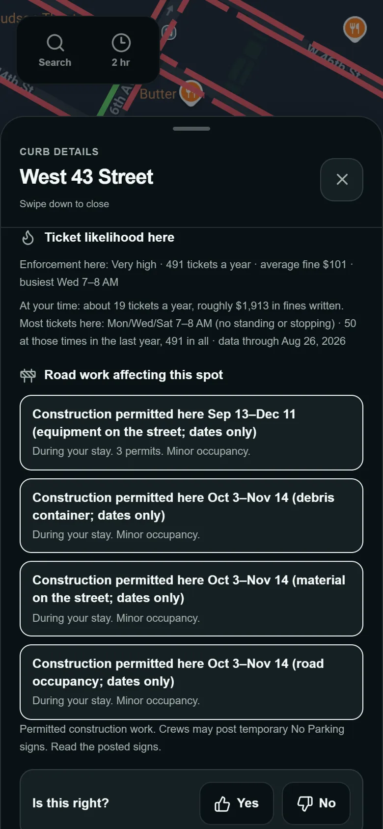 ParkFluent's curb sheet for West 43rd Street: ticket likelihood very high, 491 tickets a year, average fine $101, and four road-work permits