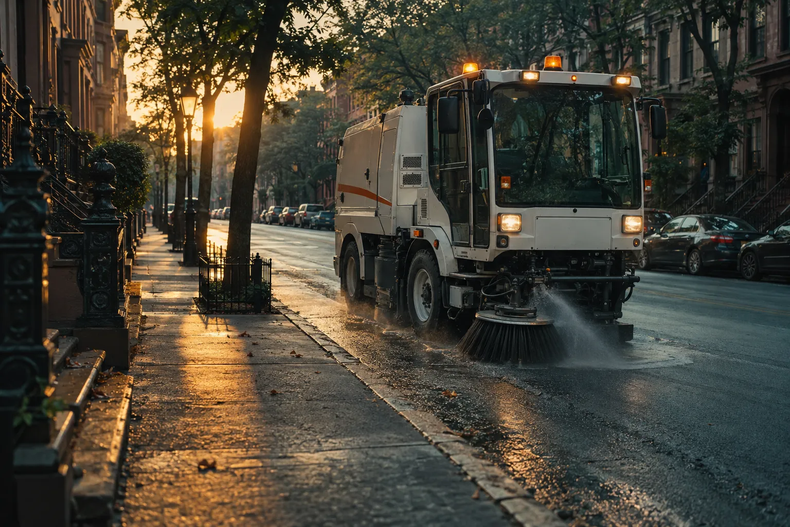 A white street sweeper brushing the curb lane of a Brooklyn brownstone block at sunrise, cars moved to the other side