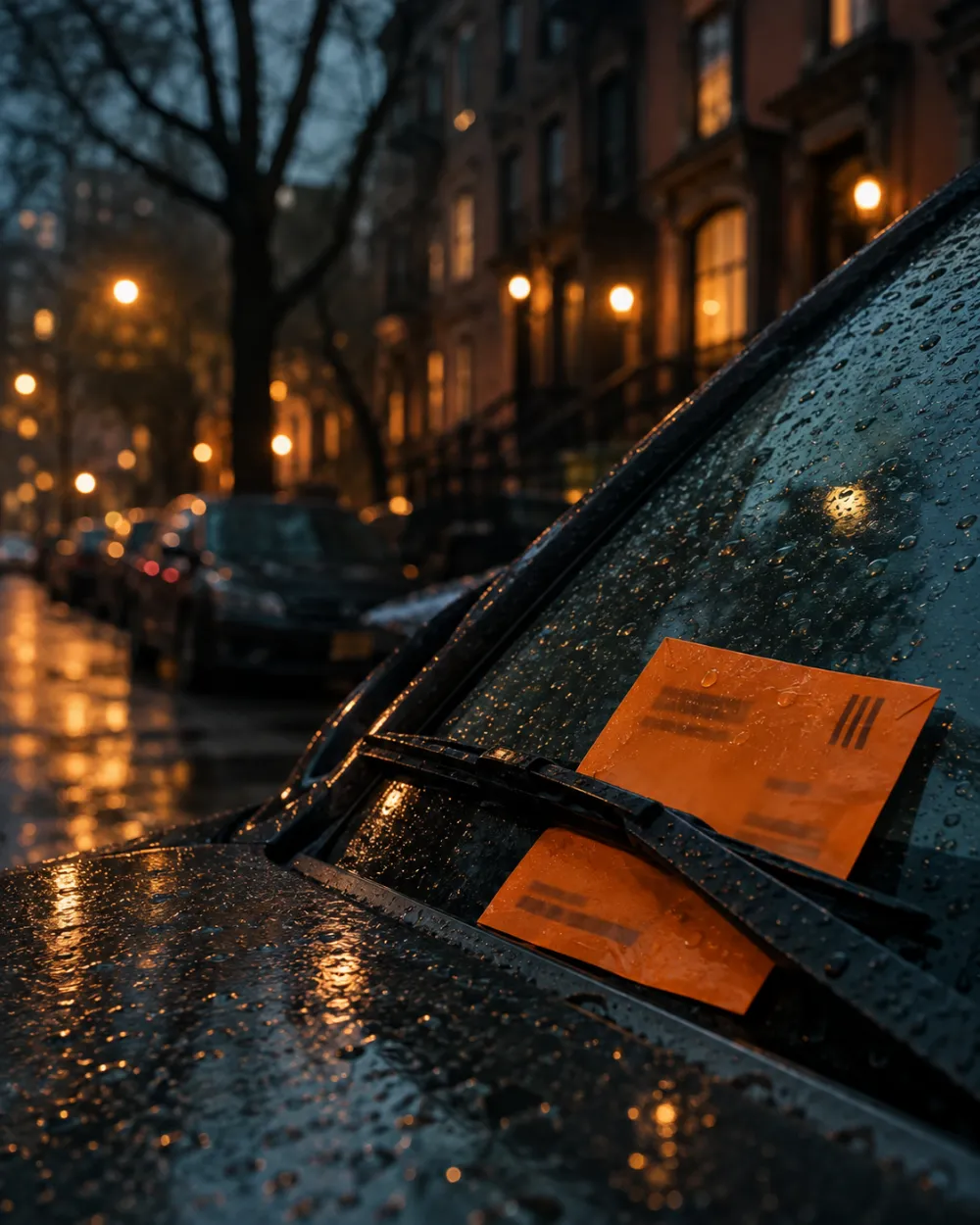 A parking ticket envelope under a rainy windshield wiper